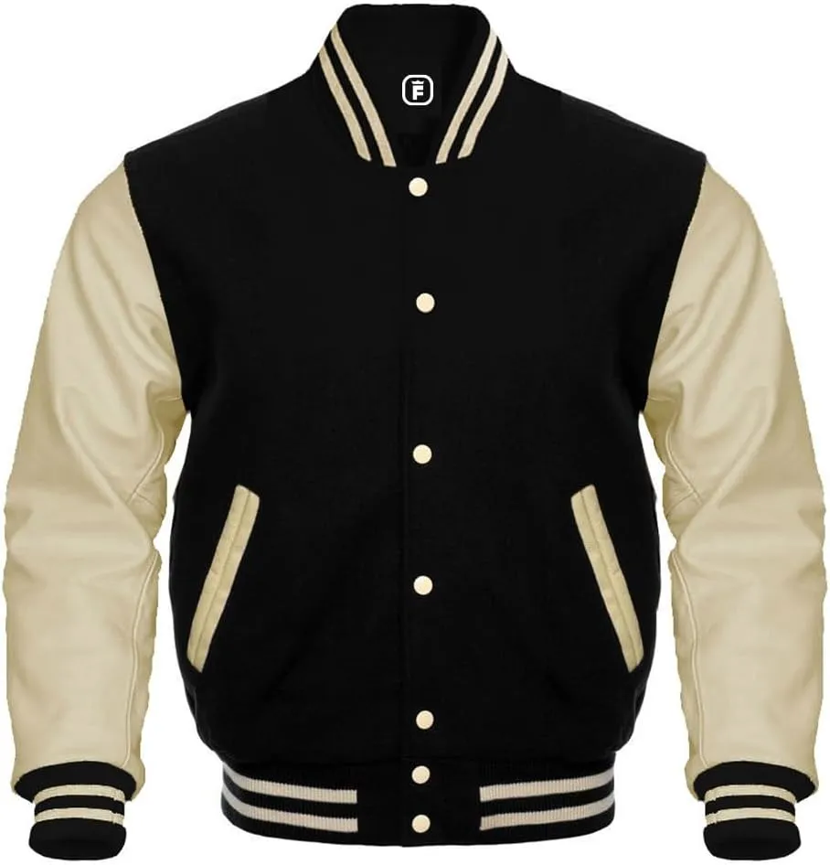men's fashion lettermen baseball varsity jacket casual slim fit bomber jackets genuine leather seleeve wool body