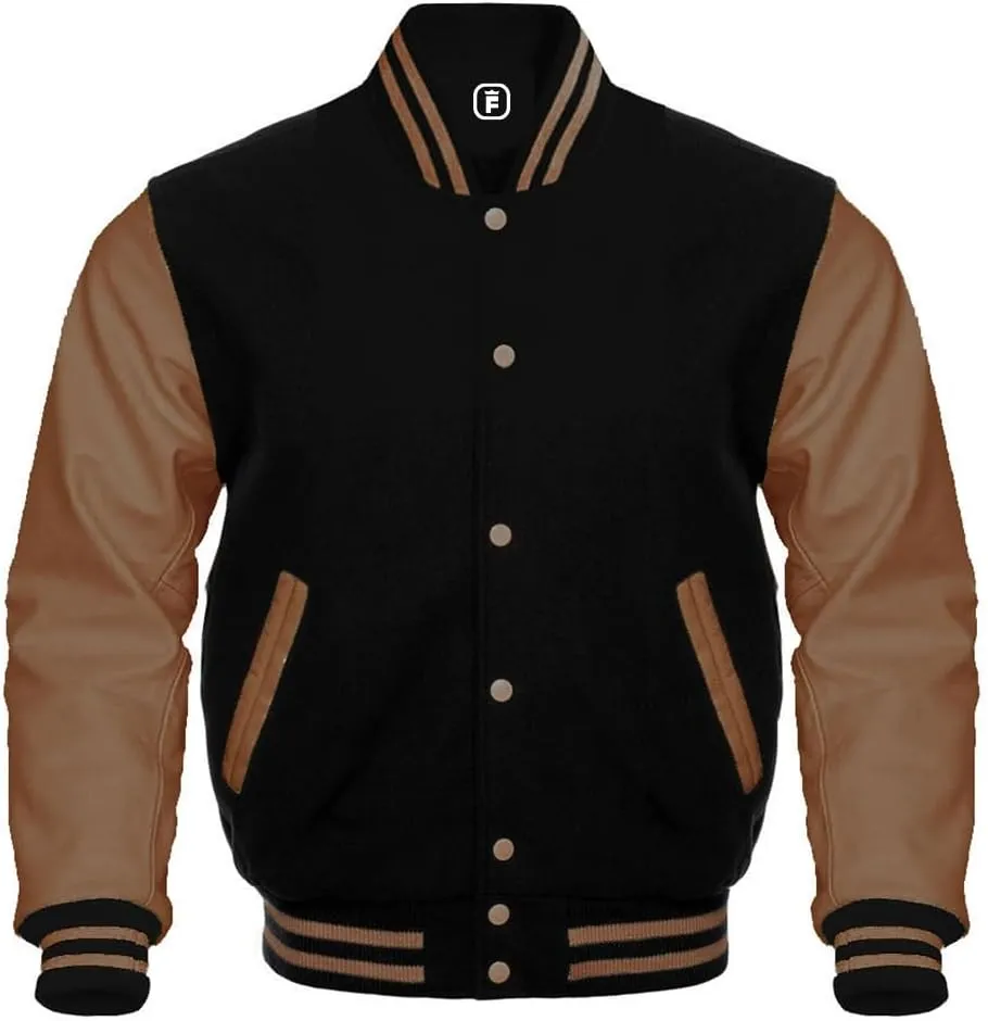 men's fashion lettermen baseball varsity jacket casual slim fit bomber jackets genuine leather seleeve wool body