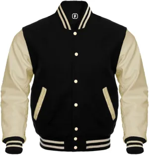 men's fashion lettermen baseball varsity jacket casual slim fit bomber jackets genuine leather seleeve wool body