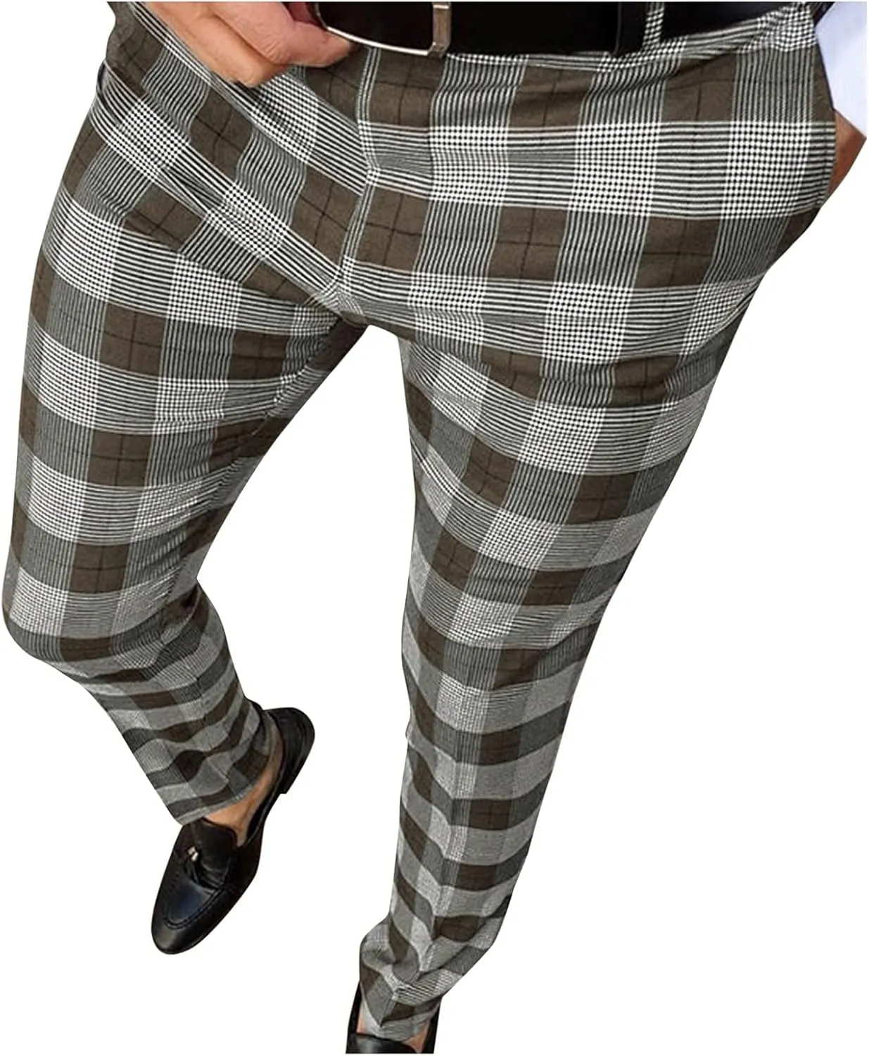 Mens Fashion Plaid Stretch Dress Pants Business Straight Leg Slim Fit Flat-Front Chino Pant Checkered Work Suit Pants