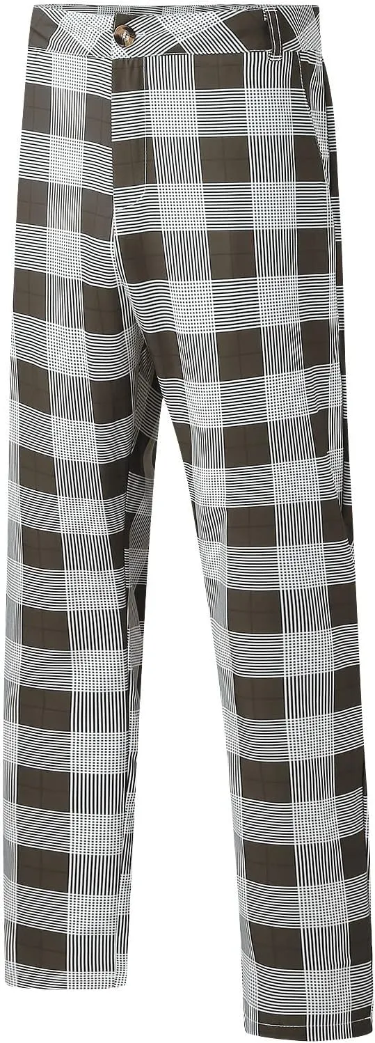 Mens Fashion Plaid Stretch Dress Pants Business Straight Leg Slim Fit Flat-Front Chino Pant Checkered Work Suit Pants