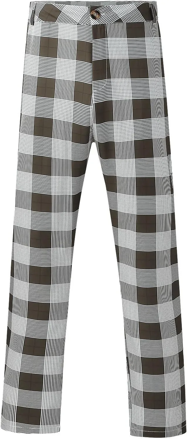 Mens Fashion Plaid Stretch Dress Pants Business Straight Leg Slim Fit Flat-Front Chino Pant Checkered Work Suit Pants