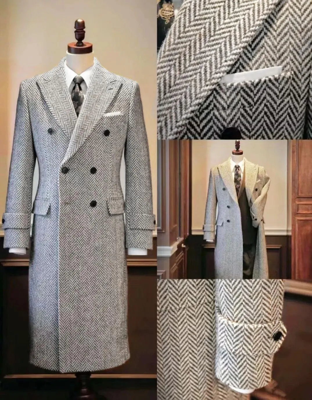 Mens Herringbone Tweed Trench Long Jacket Wool Outwear Windbreaker Coat for Winter