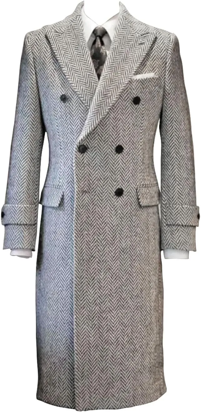 Mens Herringbone Tweed Trench Long Jacket Wool Outwear Windbreaker Coat for Winter