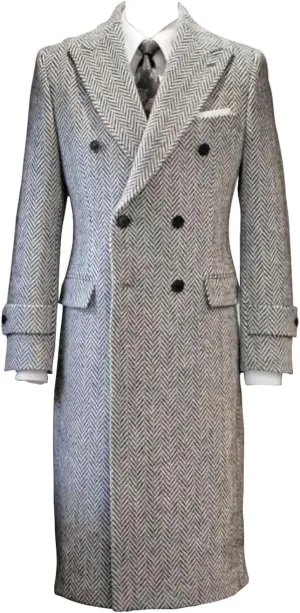 Mens Herringbone Tweed Trench Long Jacket Wool Outwear Windbreaker Coat for Winter