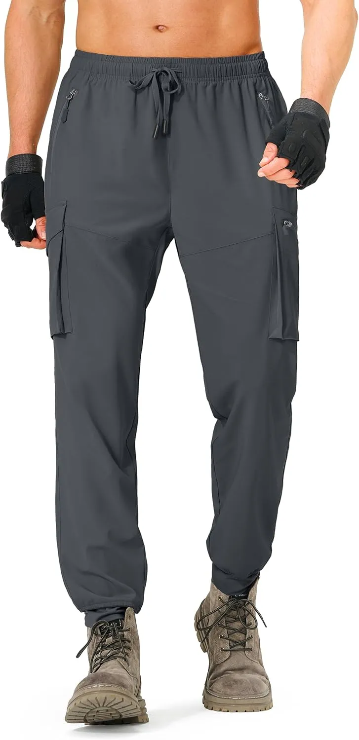 Men's Hiking Pants Cargo Lightweight Quick Dry Elastic Waist Golf Joggers with Zipper Pockets Water Resistant