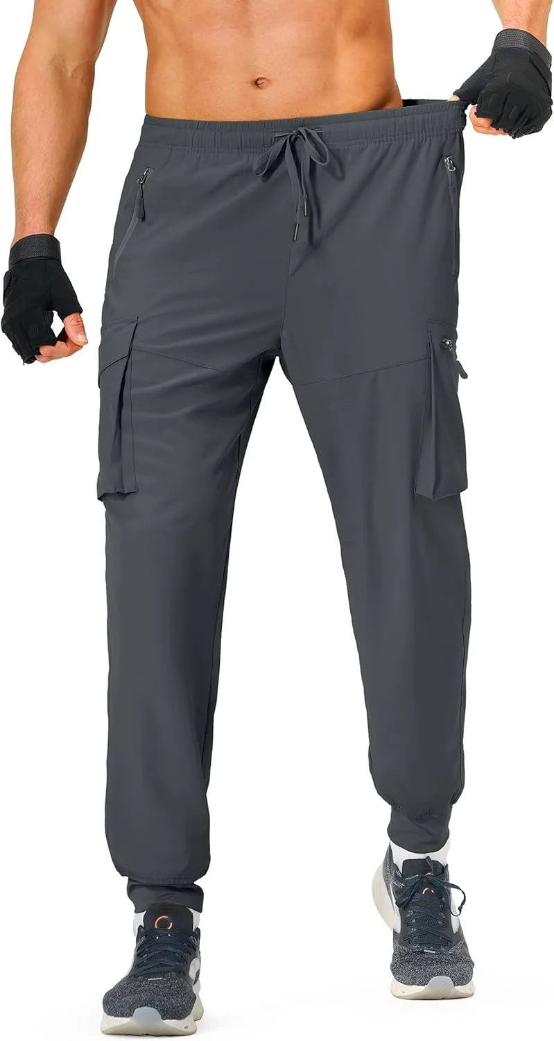 Men's Hiking Pants Cargo Lightweight Quick Dry Elastic Waist Golf Joggers with Zipper Pockets Water Resistant