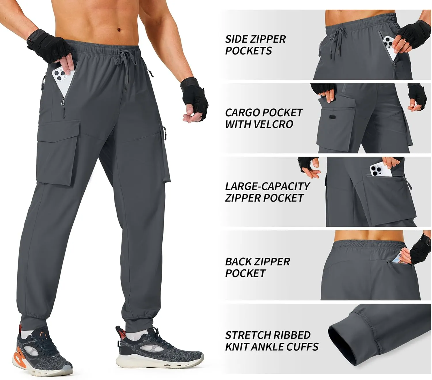 Men's Hiking Pants Cargo Lightweight Quick Dry Elastic Waist Golf Joggers with Zipper Pockets Water Resistant