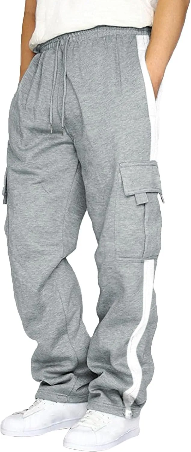 Mens Jeans Pants Men's Fleece Cargo Sweatpants Drawstring Elastic Waist Wide Leg Pant Tactical Pants Beach Yoga Trousers Skinny Chino