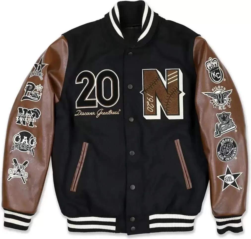 Men's League Baseball Varsity Jacket, Black With Brown