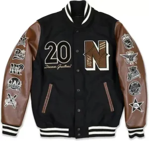 Men's League Baseball Varsity Jacket, Black With Brown