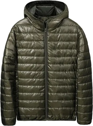 Mens Lightweight Down Jacket with Hood Shiny Packable Puffer Jacket Warm Insulated Padded Bubble Winter Coats Outwear