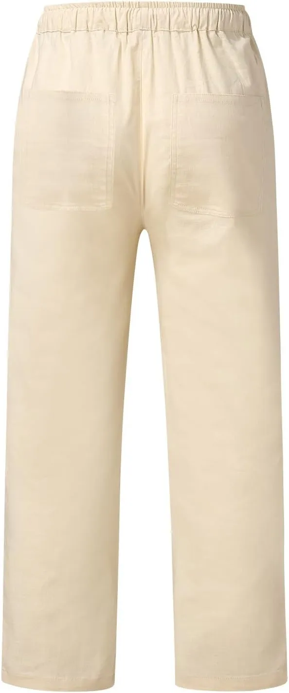 Mens Linen Drawstring Pants Elastic Waist Lightweight Pant Summer Beach Yoga Casual Loose Fit Drawstring Trouser