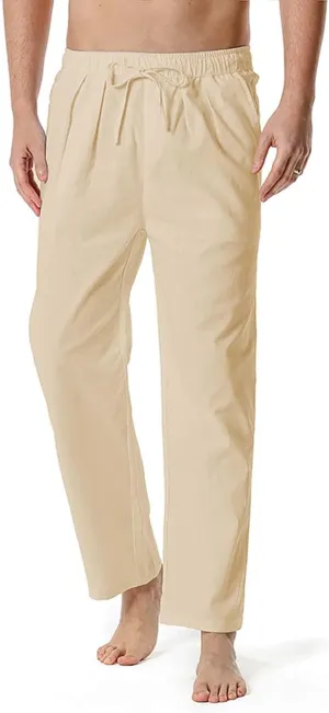 Mens Linen Drawstring Pants Elastic Waist Lightweight Pant Summer Beach Yoga Casual Loose Fit Drawstring Trouser