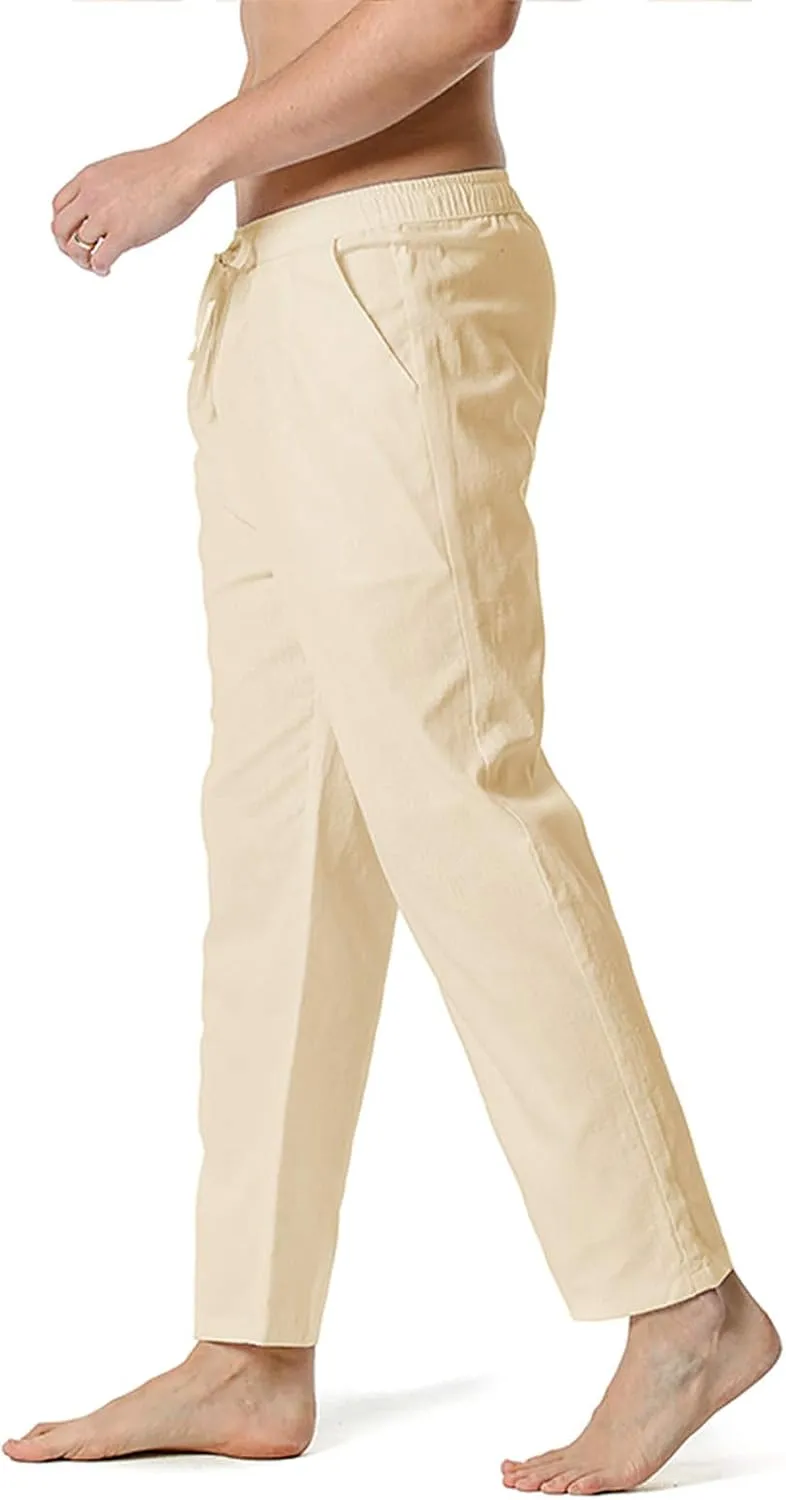 Mens Linen Drawstring Pants Elastic Waist Lightweight Pant Summer Beach Yoga Casual Loose Fit Drawstring Trouser