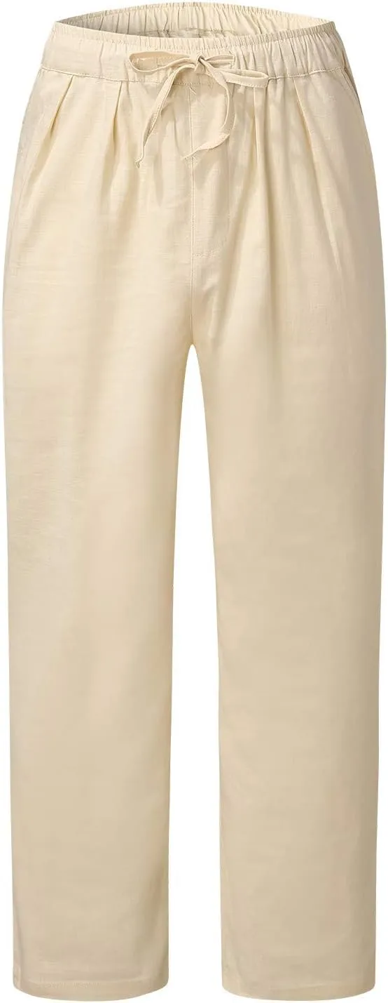 Mens Linen Drawstring Pants Elastic Waist Lightweight Pant Summer Beach Yoga Casual Loose Fit Drawstring Trouser