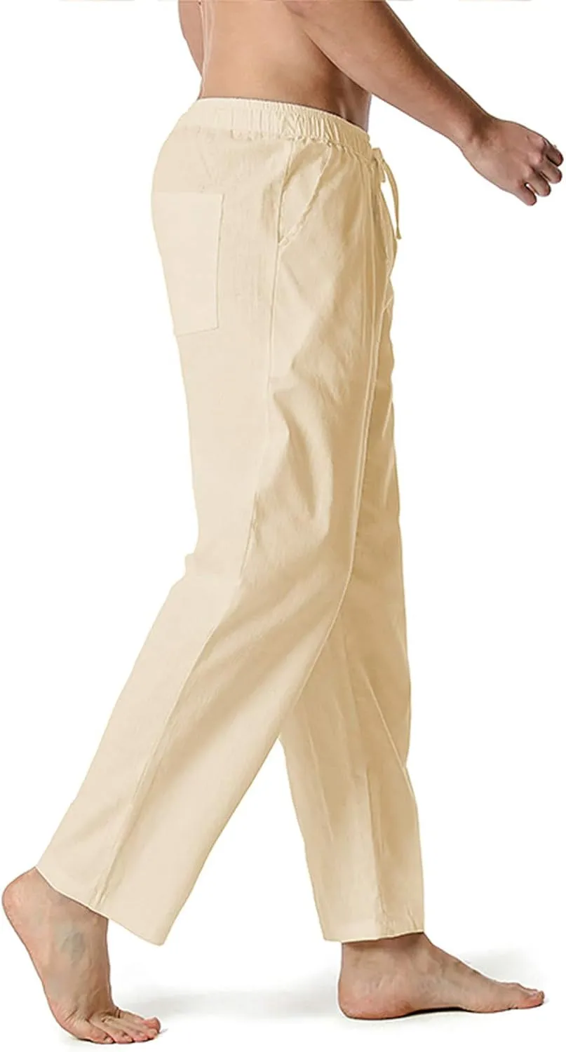 Mens Linen Drawstring Pants Elastic Waist Lightweight Pant Summer Beach Yoga Casual Loose Fit Drawstring Trouser