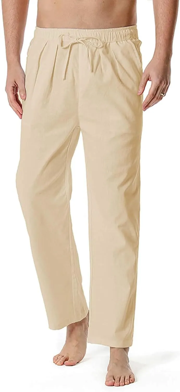 Mens Linen Drawstring Pants Elastic Waist Lightweight Pant Summer Beach Yoga Casual Loose Fit Drawstring Trouser