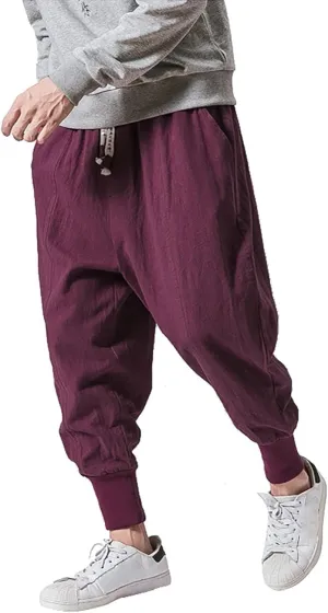 Mens Linen Drop Crotch Baggy Harem Pants Lightweight Loose Beach Drawstring Elastic Waist Yoga Trouser Hippie Joggers