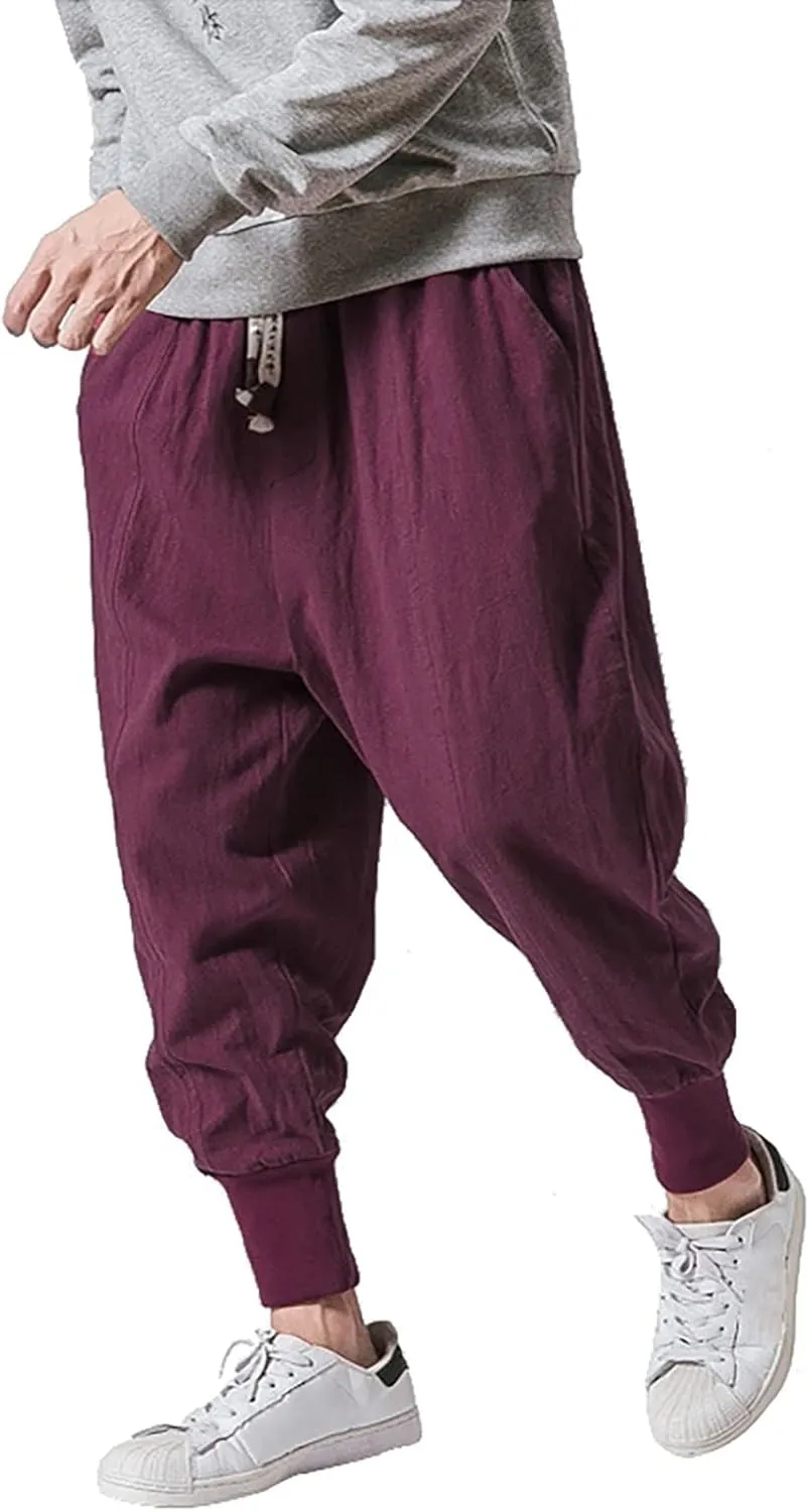 Mens Linen Drop Crotch Baggy Harem Pants Lightweight Loose Beach Drawstring Elastic Waist Yoga Trouser Hippie Joggers