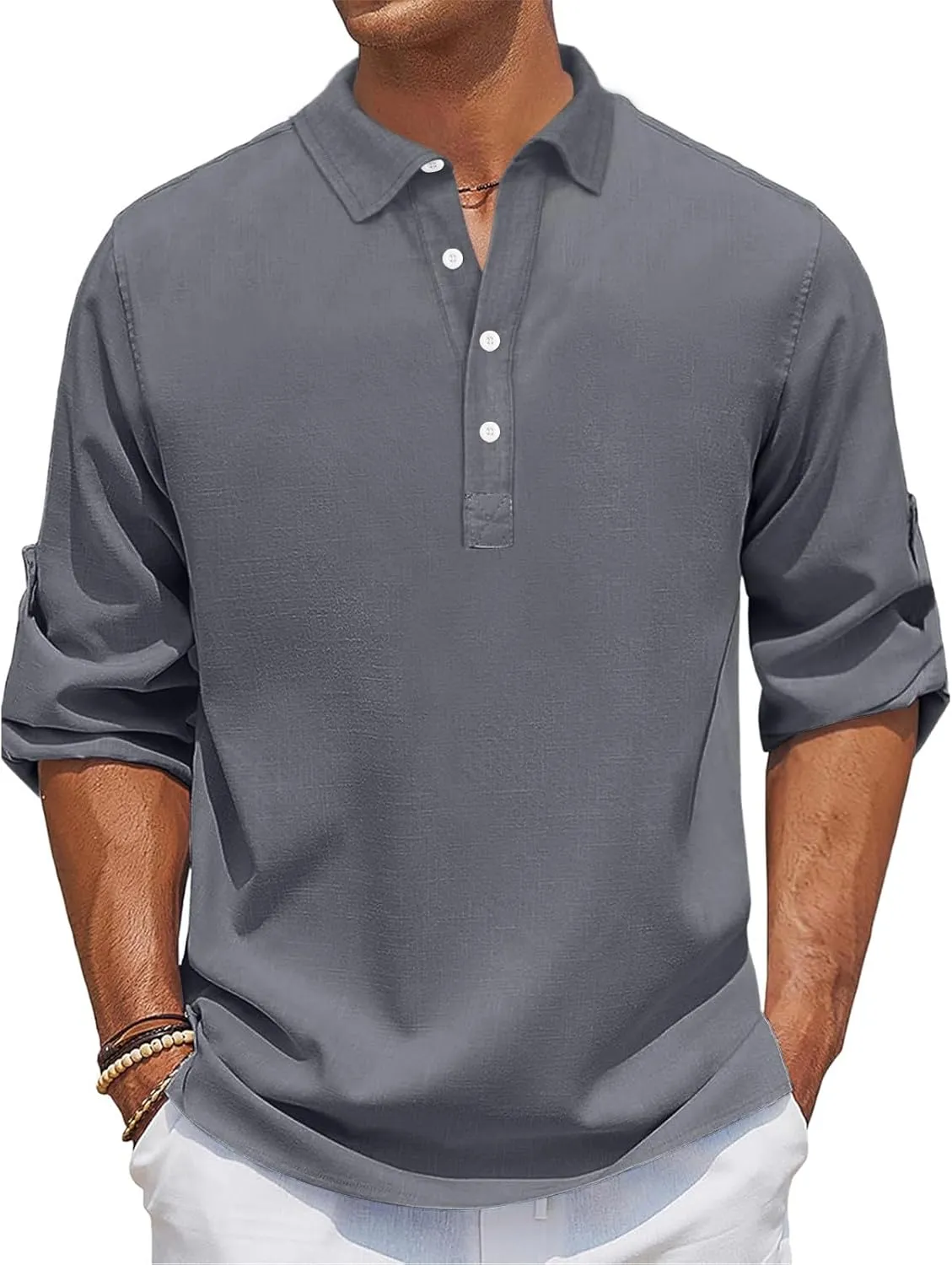 Men's Linen Long Sleeve Shirt Beach Shirts Henley T-Shirt Band Collar Vacation Tops Summer Beach Hippie T-Shirt
