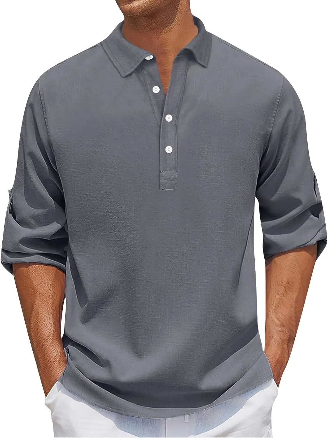 Men's Linen Long Sleeve Shirt Beach Shirts Henley T-Shirt Band Collar Vacation Tops Summer Beach Hippie T-Shirt