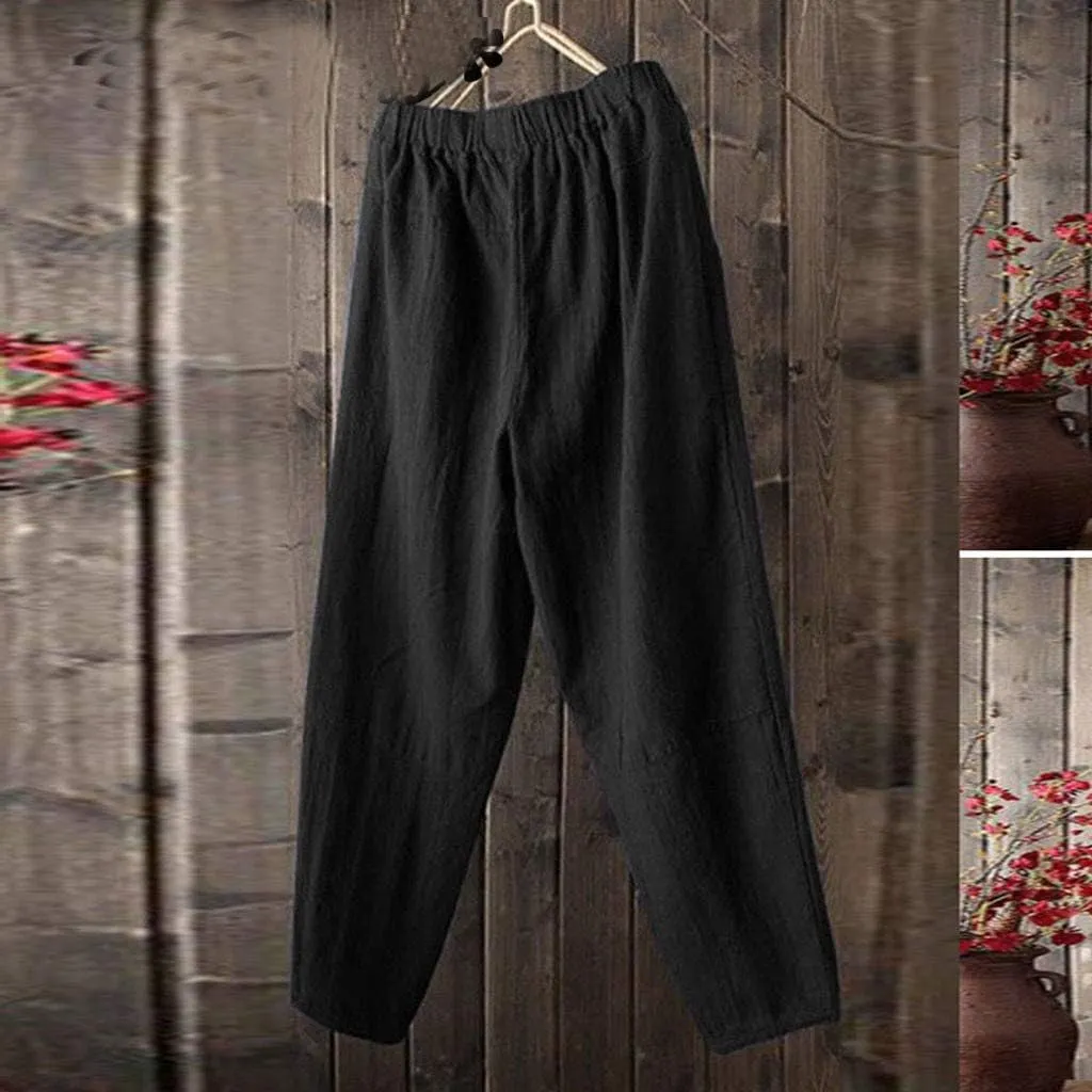 Men's Linen Pants Casual Elastic Waist Pants Breathable Lounge Pants Loose Summer Trousers Trendy Vacation Pants