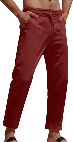 Mens Linen Pants Casual Lightweight Basic Comfy Straight-Legs Trousers Fashion Breathable Summer Lounge Clothes 2025