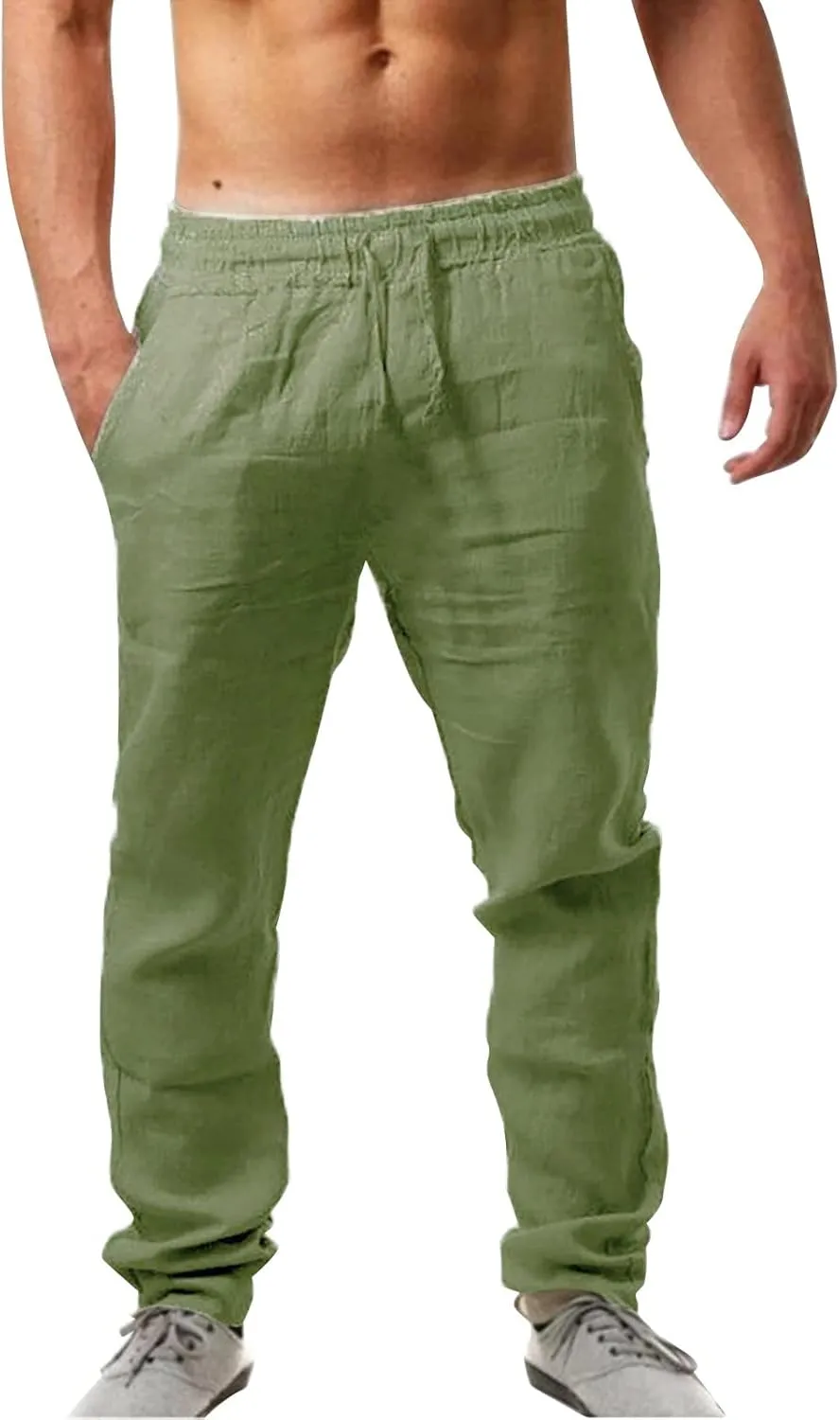 Men's Linen Pants, Casual Lightweight Beach Summer Pants Elastic Waist Workout Slim Fit Trousers, Sweatpants for Mens