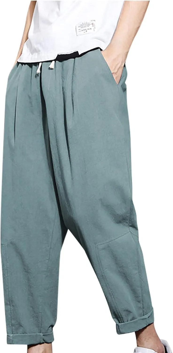 Mens Linen Pants Casual Loose Fit Cropped-Pant Drawstring Basic Comfy Trousers Fashion Lightweight Lounge Outfit 2025