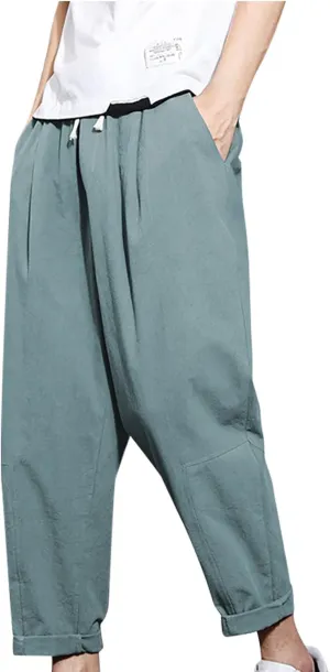 Mens Linen Pants Casual Loose Fit Cropped-Pant Drawstring Basic Comfy Trousers Fashion Lightweight Lounge Outfit 2025
