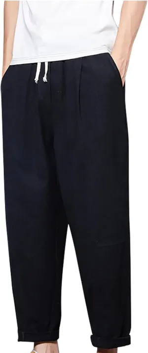 Mens Linen Pants Casual Loose Fit Cropped-Pant Drawstring Basic Comfy Trousers Fashion Lightweight Lounge Outfit 2025