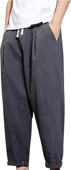 Mens Linen Pants Casual Loose Fit Cropped-Pant Drawstring Basic Comfy Trousers Fashion Lightweight Lounge Outfit 2025