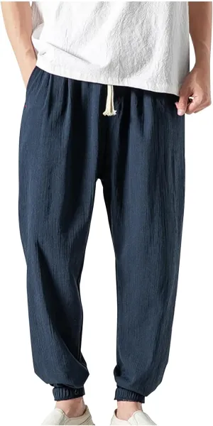Mens Linen Pants Casual Loose Fit Elastic Waist Drawstring Basic Trousers Summer Fashion Lightweight Lounge Outfit