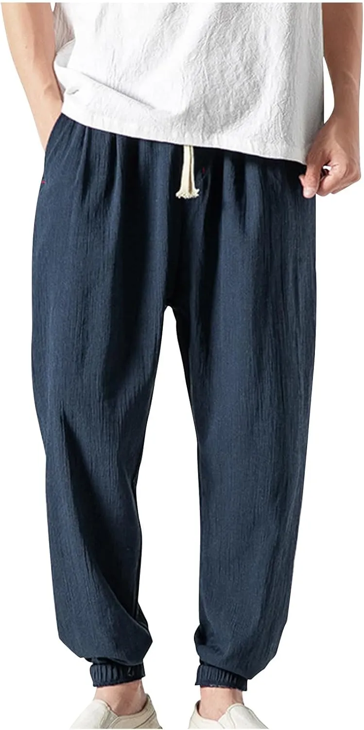 Mens Linen Pants Casual Loose Fit Elastic Waist Drawstring Basic Trousers Summer Fashion Lightweight Lounge Outfit