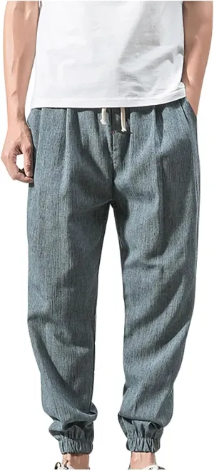 Mens Linen Pants Casual Loose Fit Elastic Waist Drawstring Basic Trousers Summer Fashion Lightweight Lounge Outfit