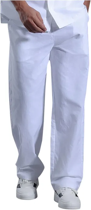 Mens Linen Pants Casual Loose Fit Straight-Legs Basic Comfy Trousers Summer Fashion Lightweight Lounge Workout Outfit