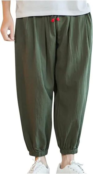 Men's Linen Pants Tapered Drawstring Pants Summer Baggy Joggers Lightweight Lounge Pants Big and Tall Trousers