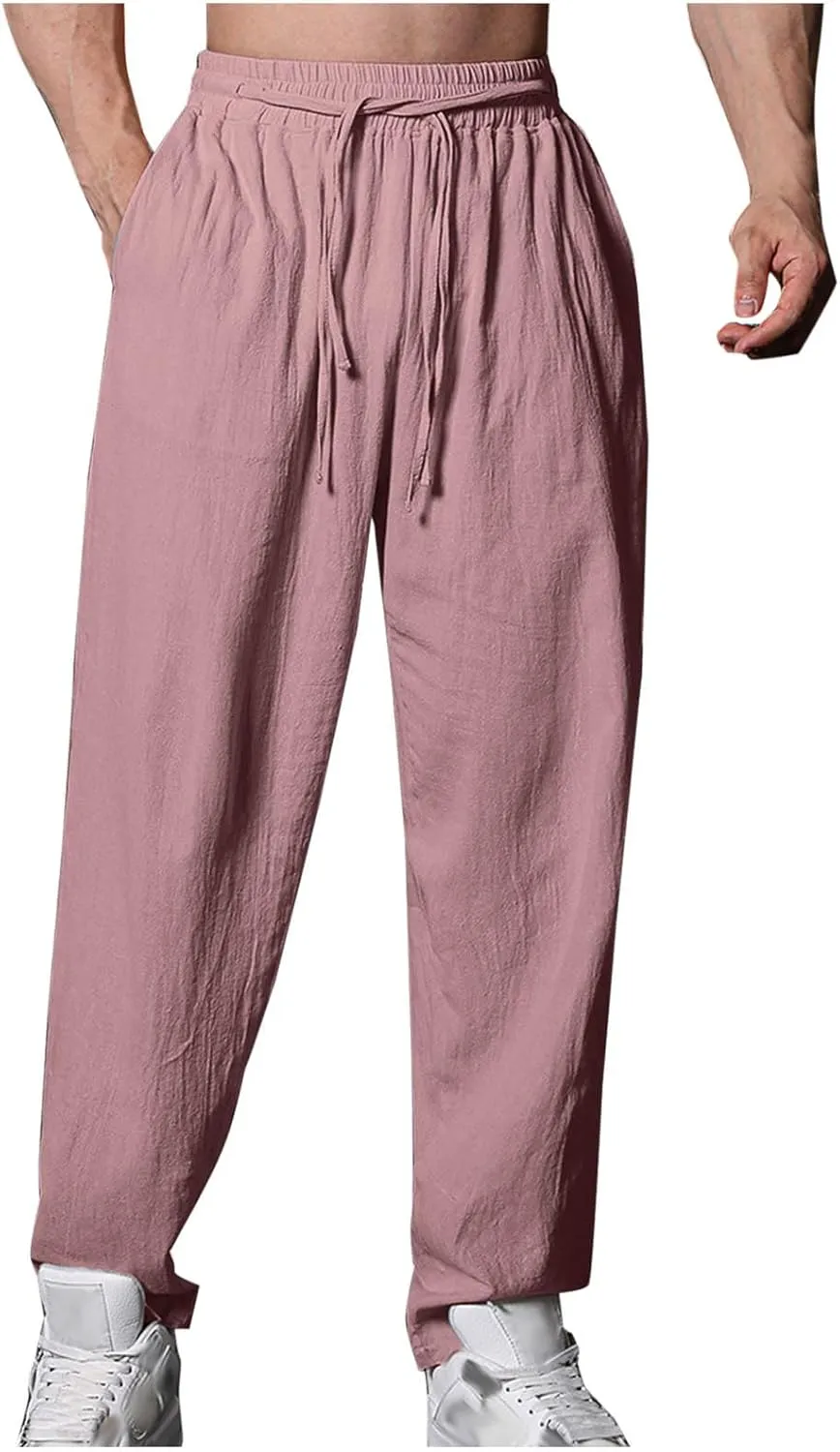 Mens Linen Pants Wide Legs Elastic Drawstring Basic Lounge Trousers Casual Fashion Lightweight Summer Workout Clothes