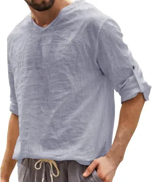 Men's Linen Shirts Casual Basic Round Neck Solid Color Cotton Tees Blouses Long Sleeve Beach Cozy Hawaiian Shirt