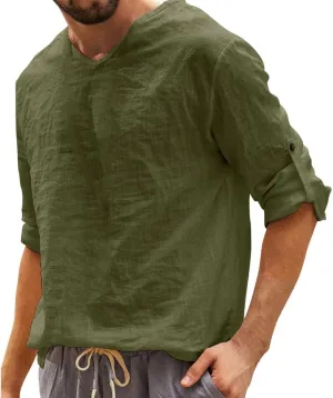Men's Linen Shirts Casual Basic Round Neck Solid Color Cotton Tees Blouses Long Sleeve Beach Cozy Hawaiian Shirt