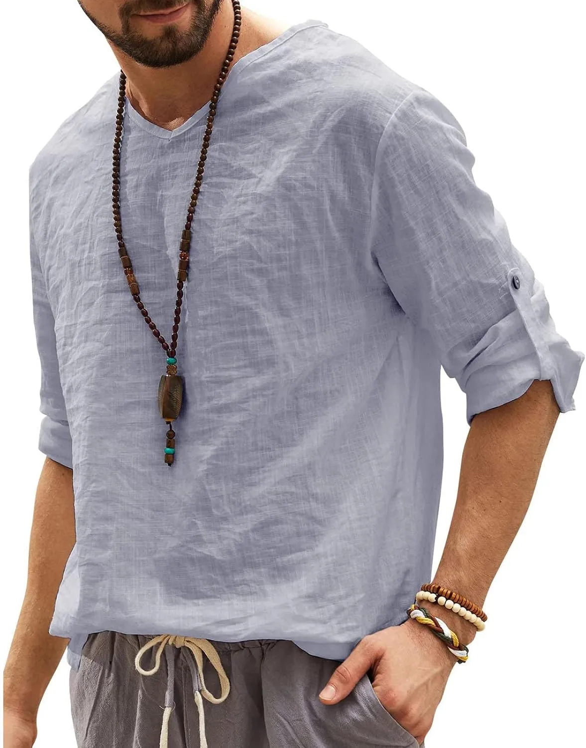 Men's Linen Shirts Casual Basic Round Neck Solid Color Cotton Tees Blouses Long Sleeve Beach Cozy Hawaiian Shirt
