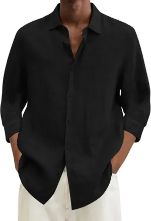 Mens Linen Shirts Long Sleeve Causal Button Down Shirt Men Summer Beach Vacation Hawaiian Shirts for Wedding Vacation