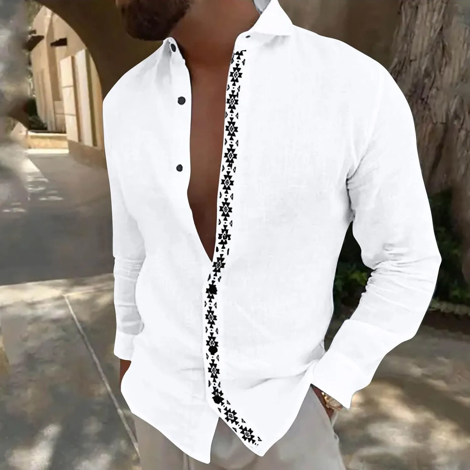 Men's Linen Shirts Long Sleeve Printed Casual Lapel Cardigan Tops Cotton Patchwork Button Trendy Spring 2025 Shirt