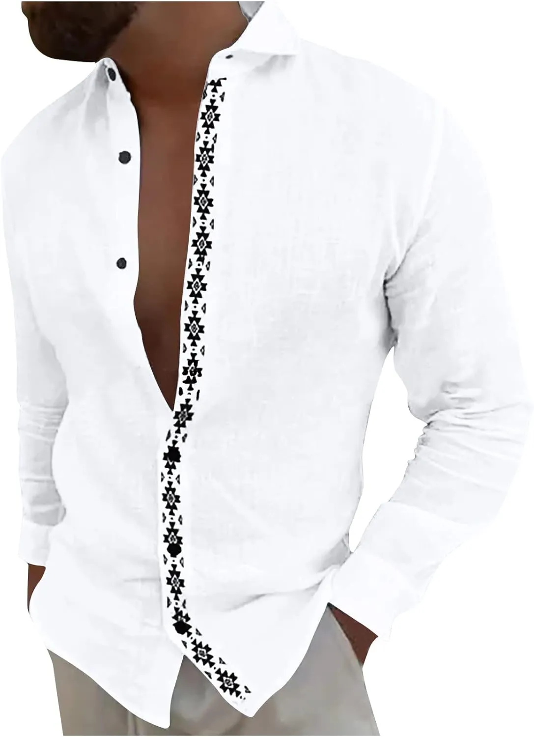 Men's Linen Shirts Long Sleeve Printed Casual Lapel Cardigan Tops Cotton Patchwork Button Trendy Spring 2025 Shirt