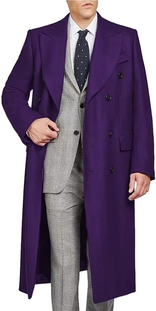 Men's Long Coat Solid Wool Double Breasted Wide Lapel Long Trench Coat Business Wedding Party Overcoat ASDF22