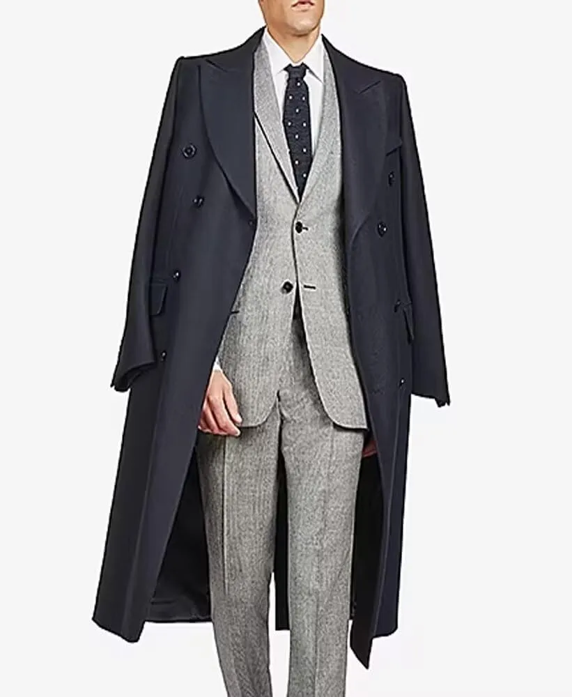 Men's Long Coat Solid Wool Double Breasted Wide Lapel Long Trench Coat Business Wedding Party Overcoat ASDF22