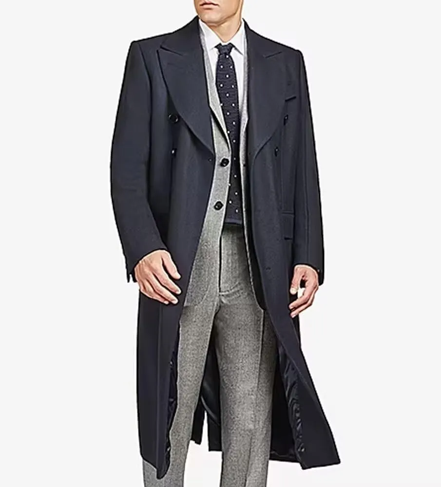 Men's Long Coat Solid Wool Double Breasted Wide Lapel Long Trench Coat Business Wedding Party Overcoat ASDF22