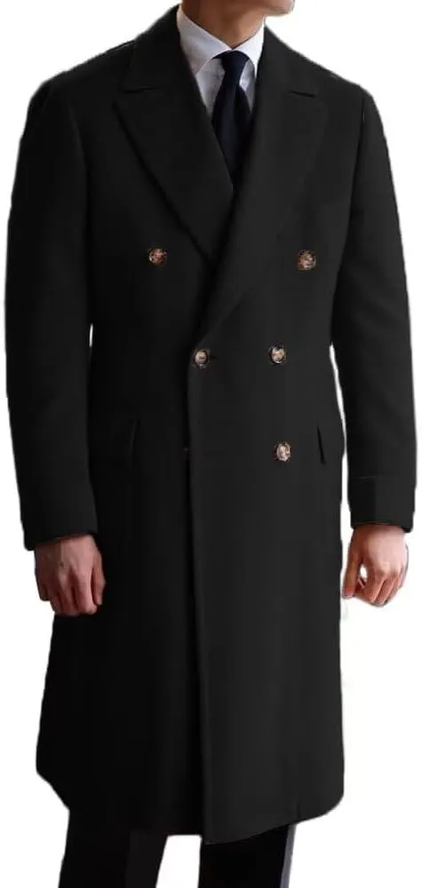 Men's Long Coat Wool Solid Double Breasted Long Trench Coat Wide Lapel For Business Wedding Overcoat ASDF21