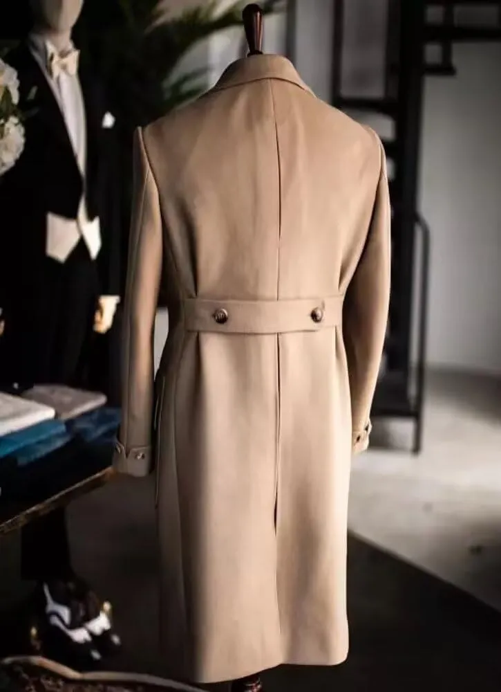 Men's Long Coat Wool Solid Double Breasted Long Trench Coat Wide Lapel For Business Wedding Overcoat ASDF21